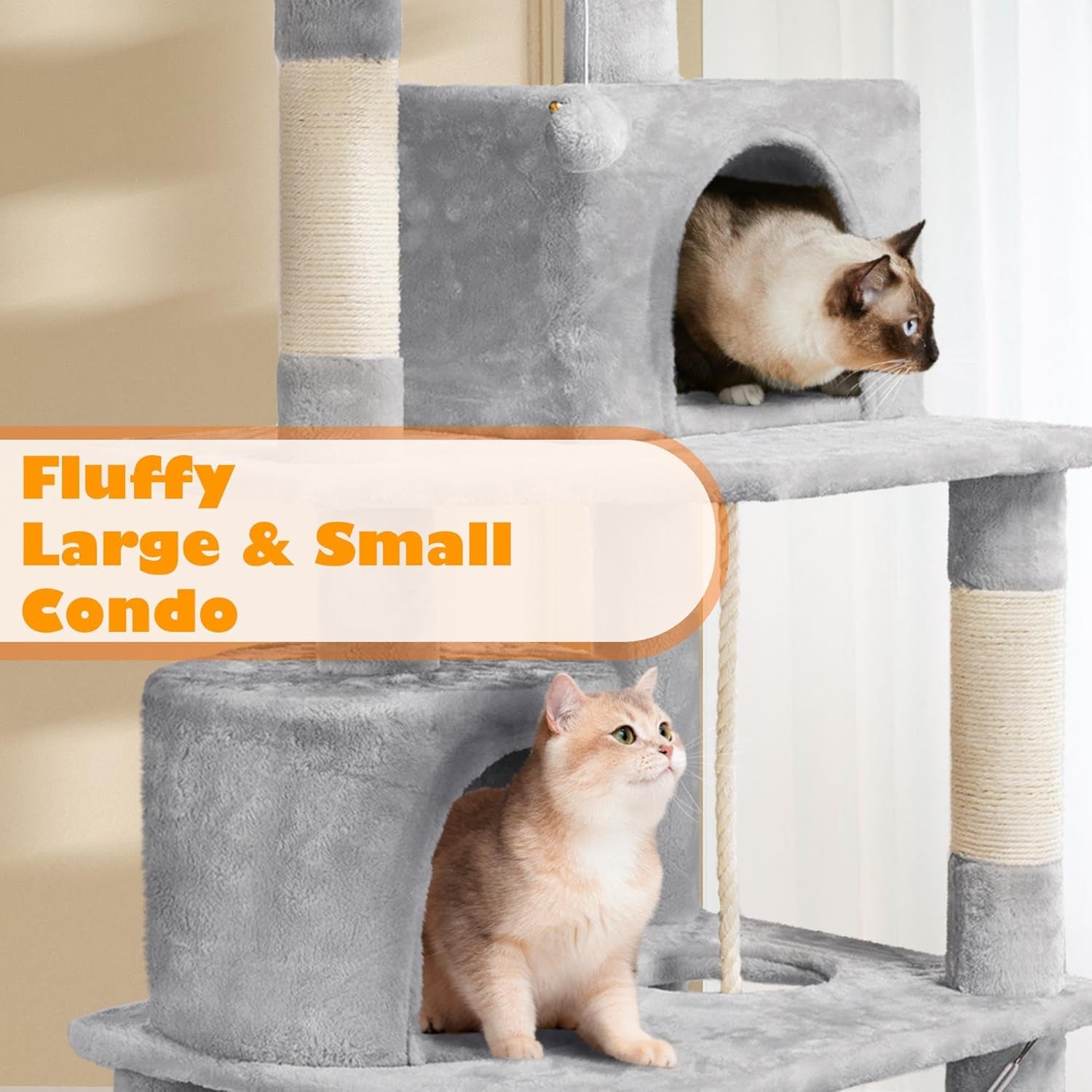 62.5Inches Cat Tree Cat Tower Cat Condo with Platform & Hammock, Scratching Posts for Kittens Pet Play House with Plush Perch for Indoor Activity Relaxing, Light Gray