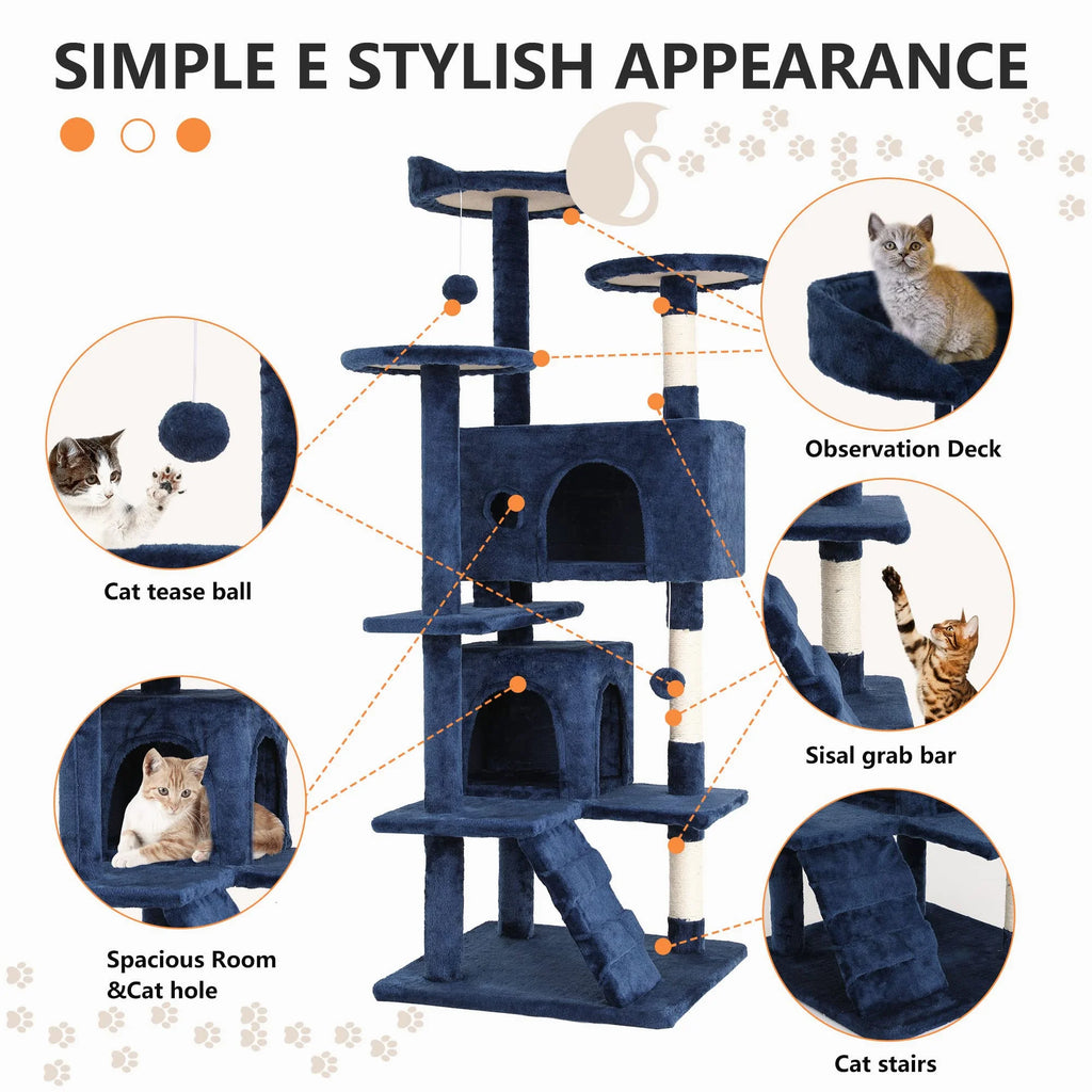 54 Inch Cat Trees and Towers for Indoor Cats, Cat Condo Scratching Post for Adult Cats, Multi-Level Cat Towers for Small Cats, Navy Blue