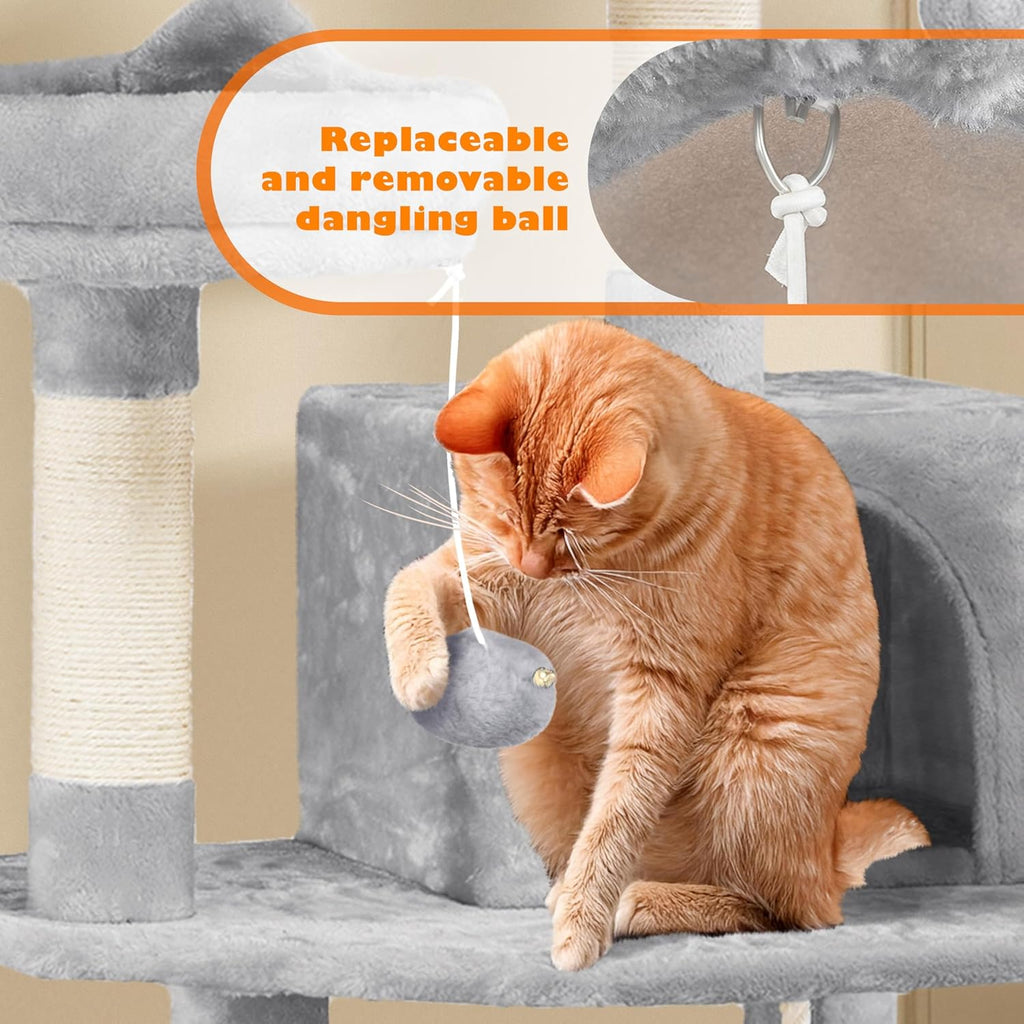 62.5Inches Cat Tree Cat Tower Cat Condo with Platform & Hammock, Scratching Posts for Kittens Pet Play House with Plush Perch for Indoor Activity Relaxing, Light Gray