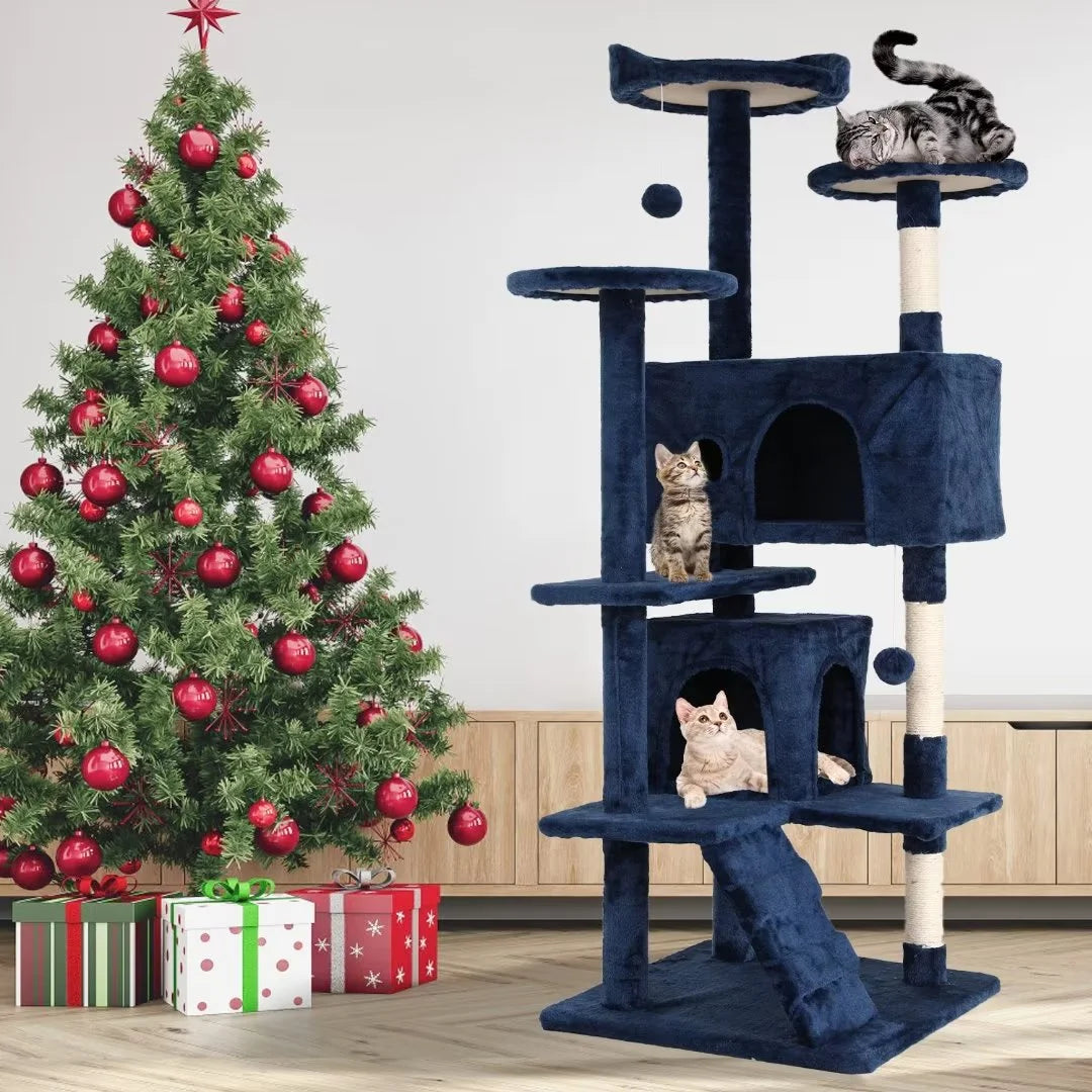 54 Inch Cat Trees and Towers for Indoor Cats, Cat Condo Scratching Post for Adult Cats, Multi-Level Cat Towers for Small Cats, Navy Blue