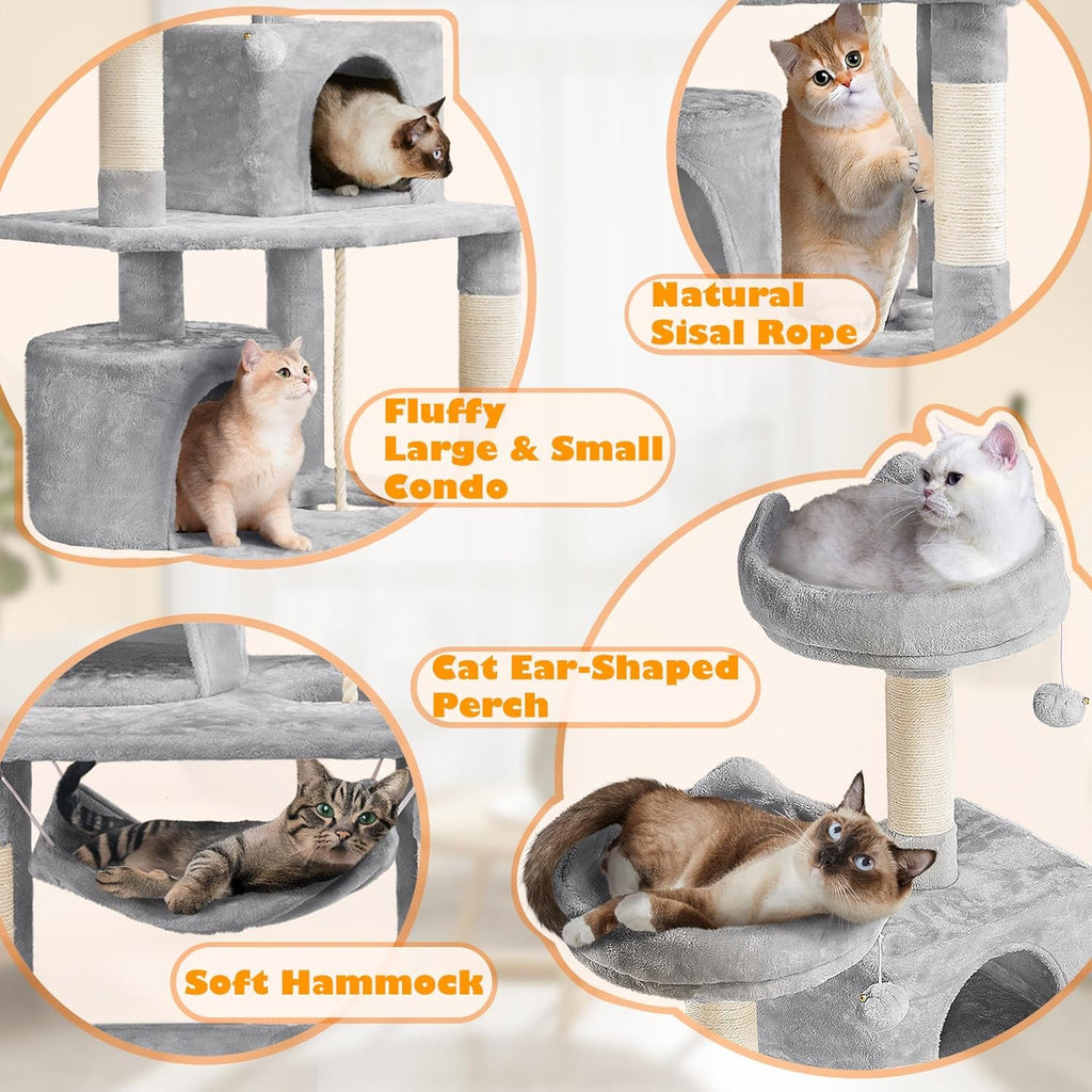 62.5Inches Cat Tree Cat Tower Cat Condo with Platform & Hammock, Scratching Posts for Kittens Pet Play House with Plush Perch for Indoor Activity Relaxing, Light Gray